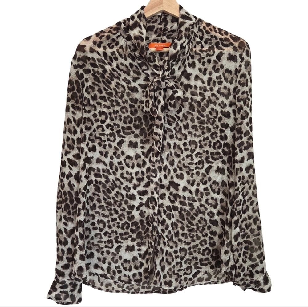 Joe Fresh | Leopard Safari Print Tie Neck Semi-Sheer Button Up Blouse